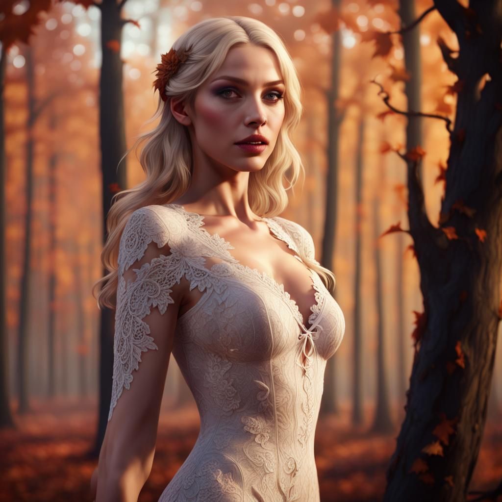 Lace-clad Woman in Autumn Woods, Detailed Digital Painting