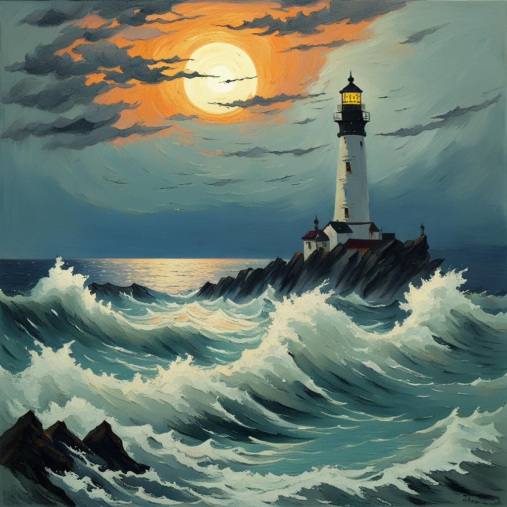 Impressionistic Lighthouse at Dusk on Rough Sea