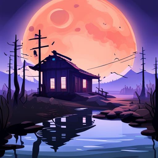 Abandoned Shack Under Blue Moon: Cyberpunk Werewolf Theme