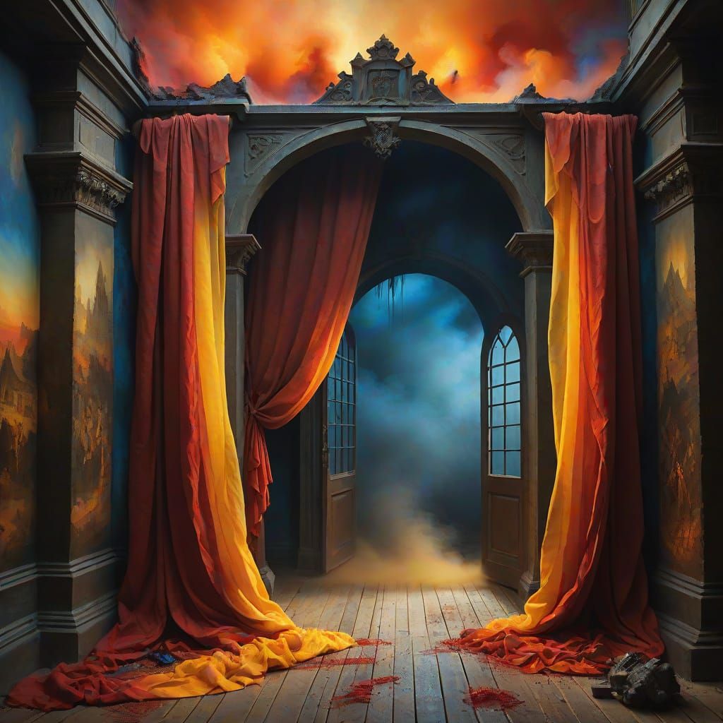 Dramatic Surreal Hell Scene in Vibrant Triadic Colors