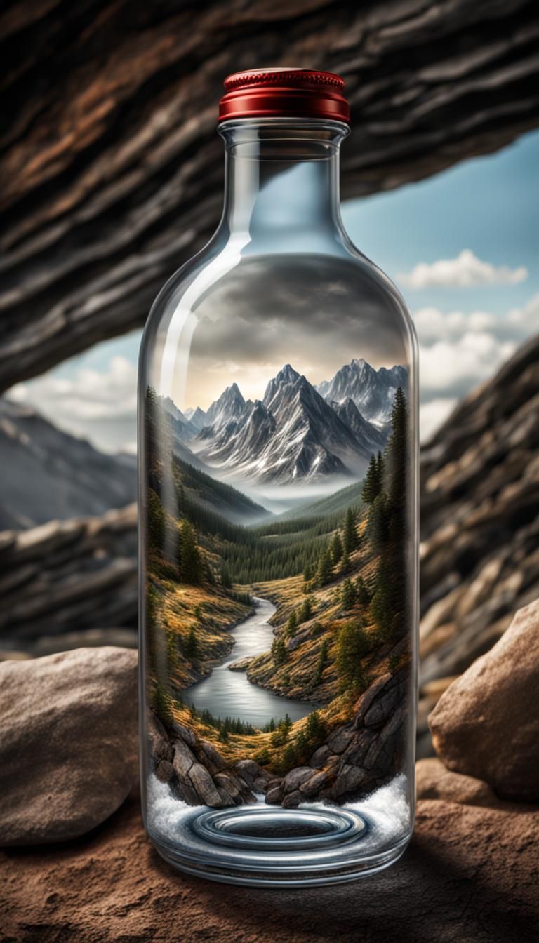 Mountain Landscape Trapped in a Bottle: Hyperrealistic Image