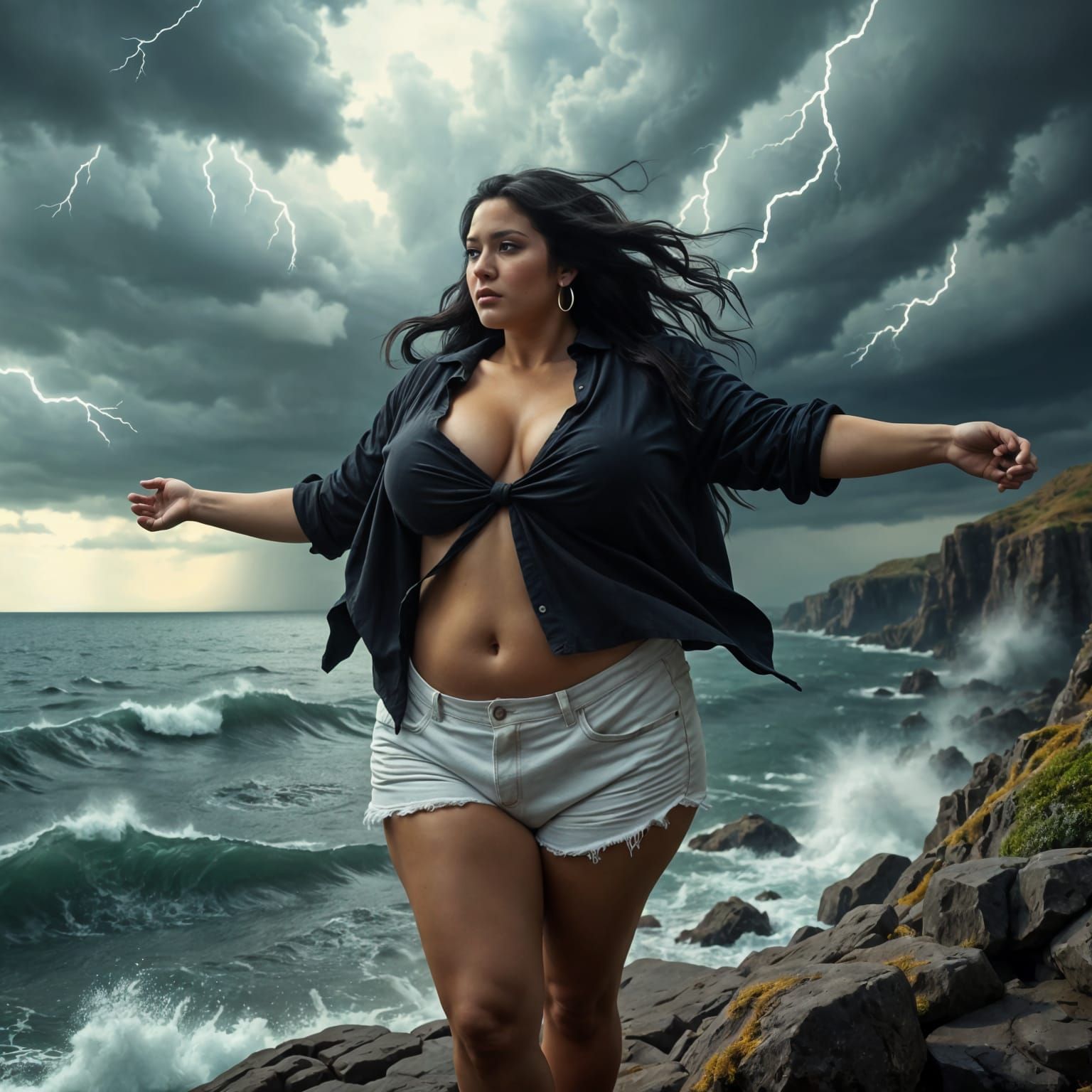 Hyperrealistic Storm Goddess in Turbulent Skies
