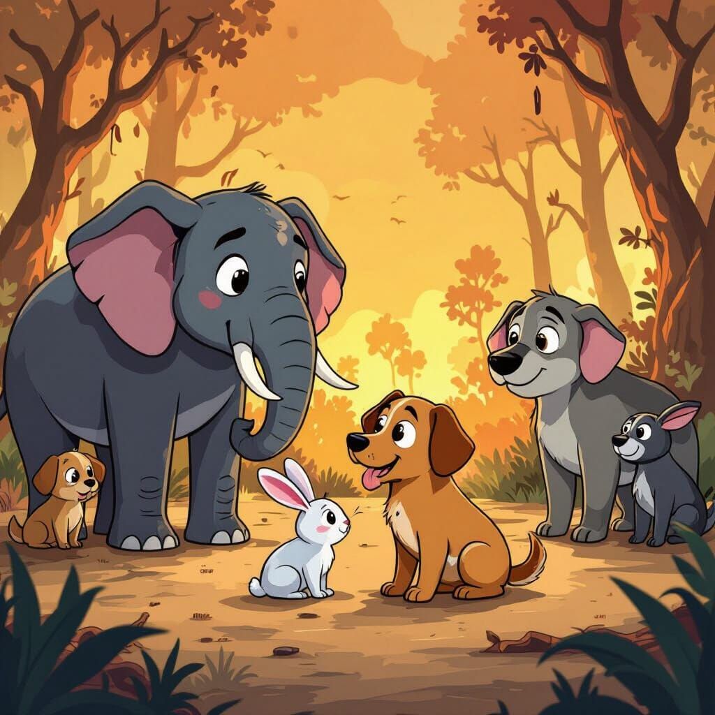 Animals Impressed by Dog's Rabbit Rescue in Cartoon Style