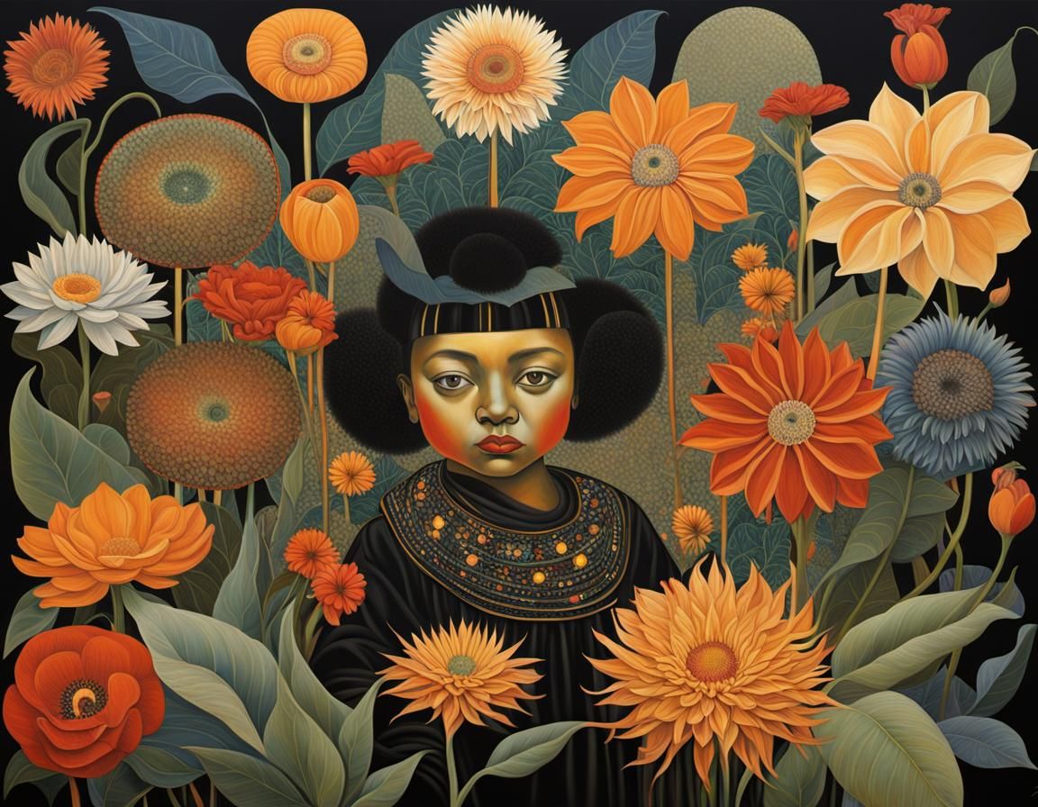 Black Toddler Surrounded by Exotic Flowers