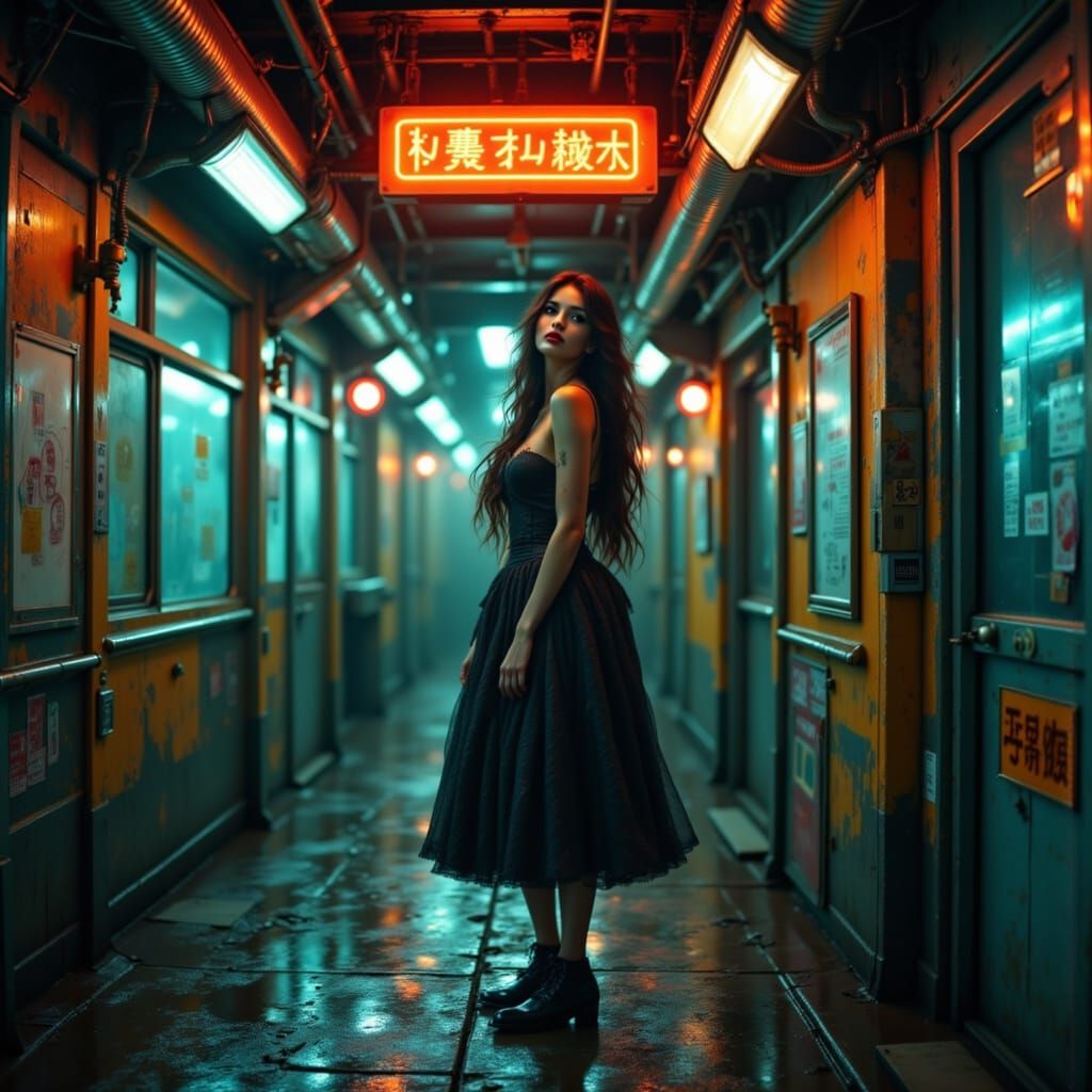 Worried Woman in Neon Tokyo Station, Aetherpunk Style