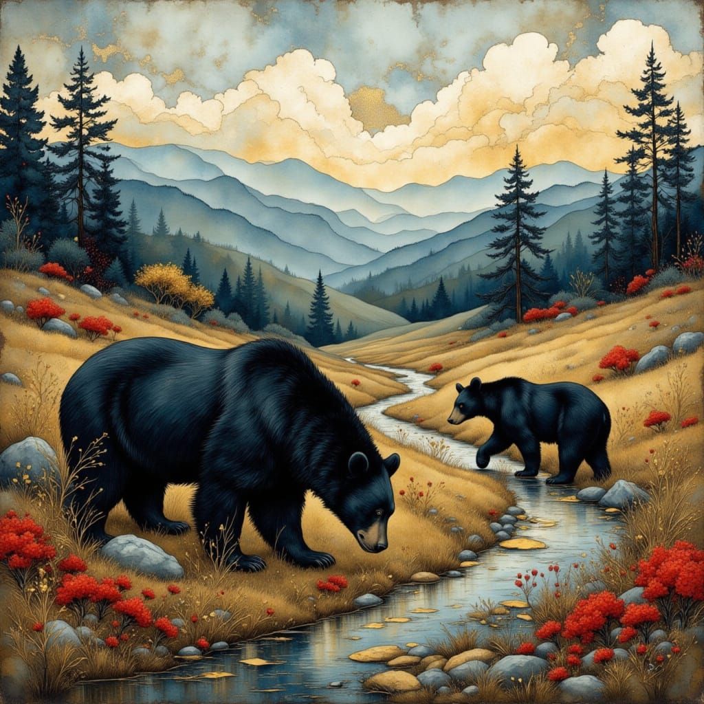 Black Bears Grazing Berries in Hilly Forest Landscape