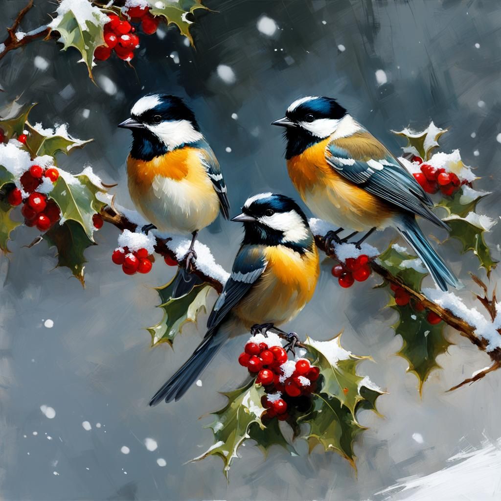 Chickadees on Holly Branch in Snow