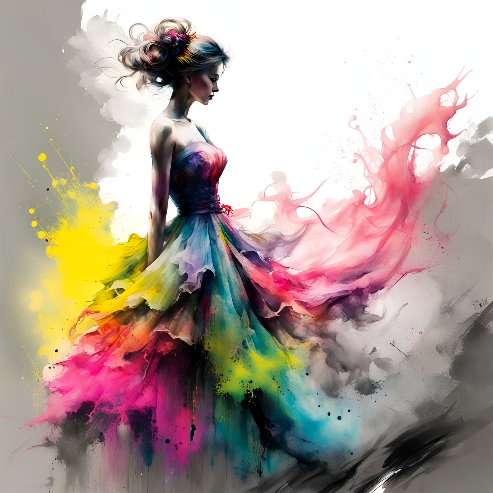 Neon Woman in Watercolor Splash Art