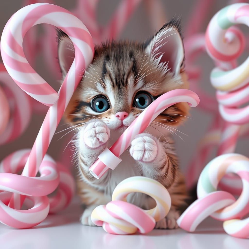 Whimsical Kitten Surrounded by Pastel Candy Stripes
