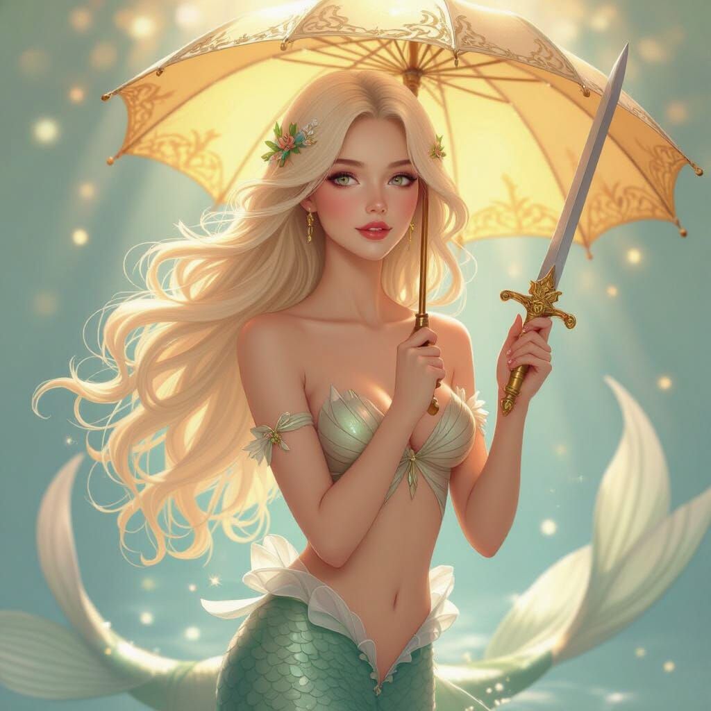 Blonde Mermaid with Umbrella and Sword, Art Nouveau Style