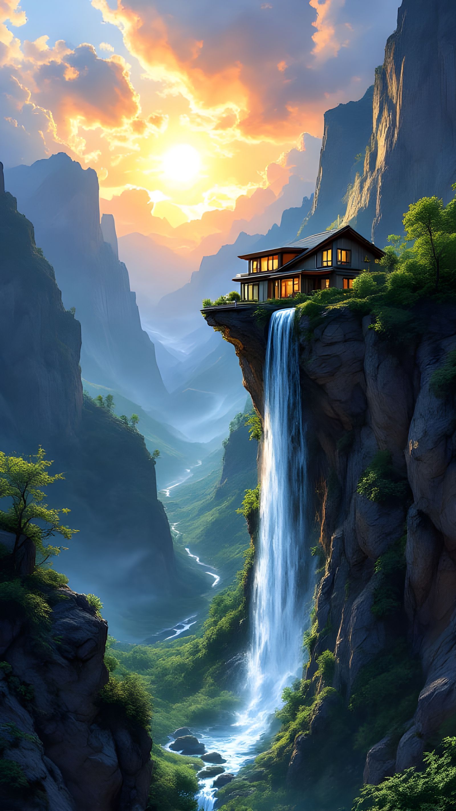 House on Mountain Ledge with Waterfall in Comic Style