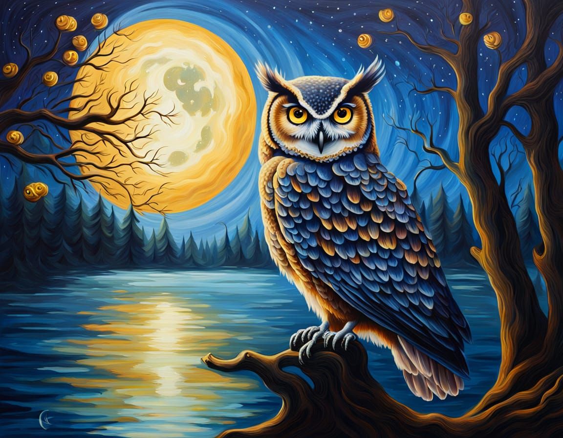 Byzantine Gothic Owl in Moonlight Oil Painting