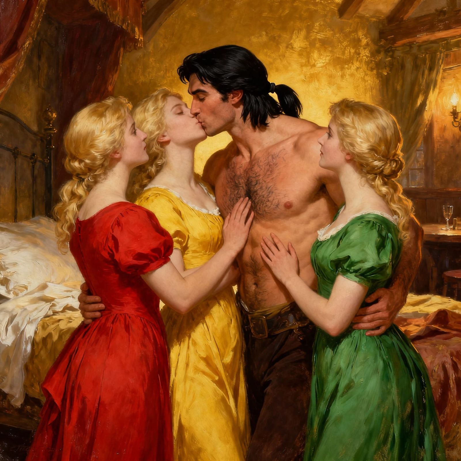 Muscular Man Kisses Three Women in Tavern Bedroom