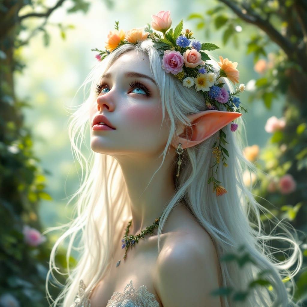 Enchanted Fairy Gazing Up at Forest Canopy