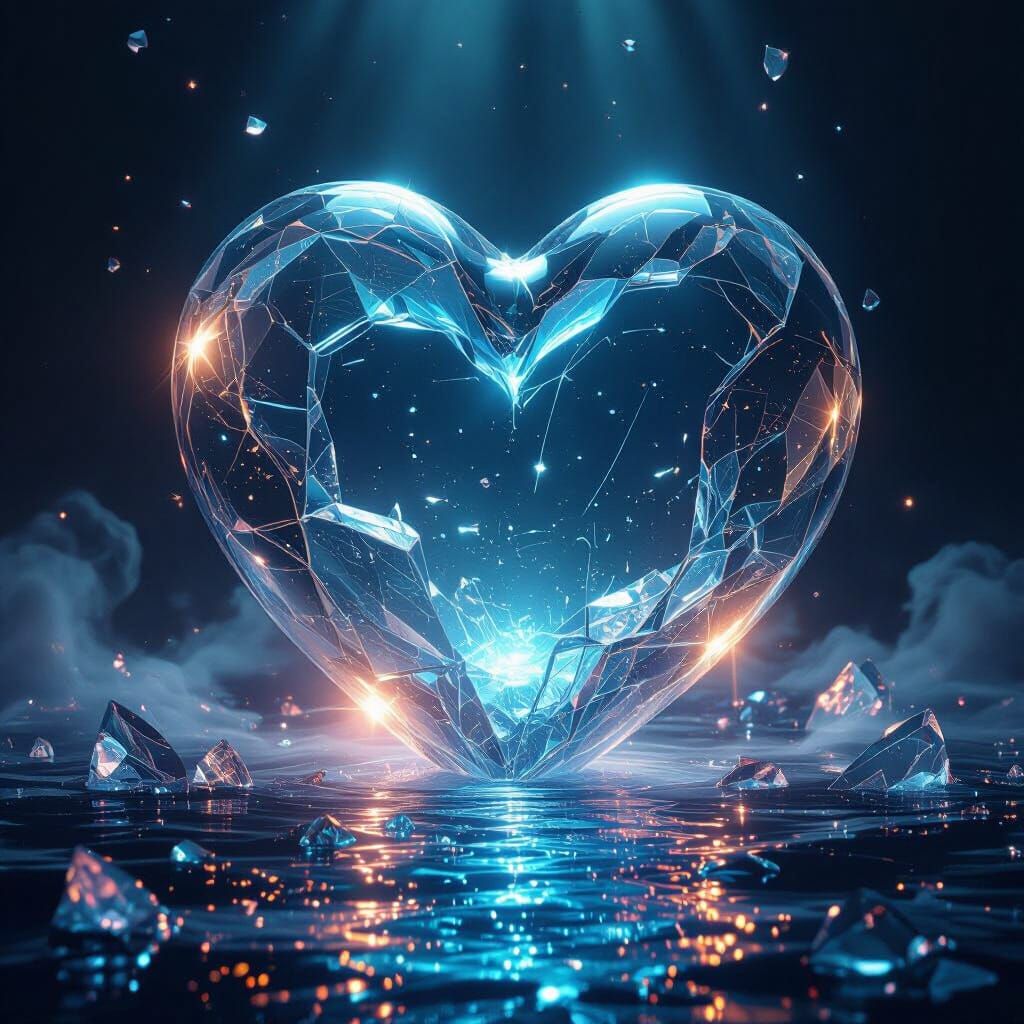 Giant Glowing Glass Heart in Dark Ocean