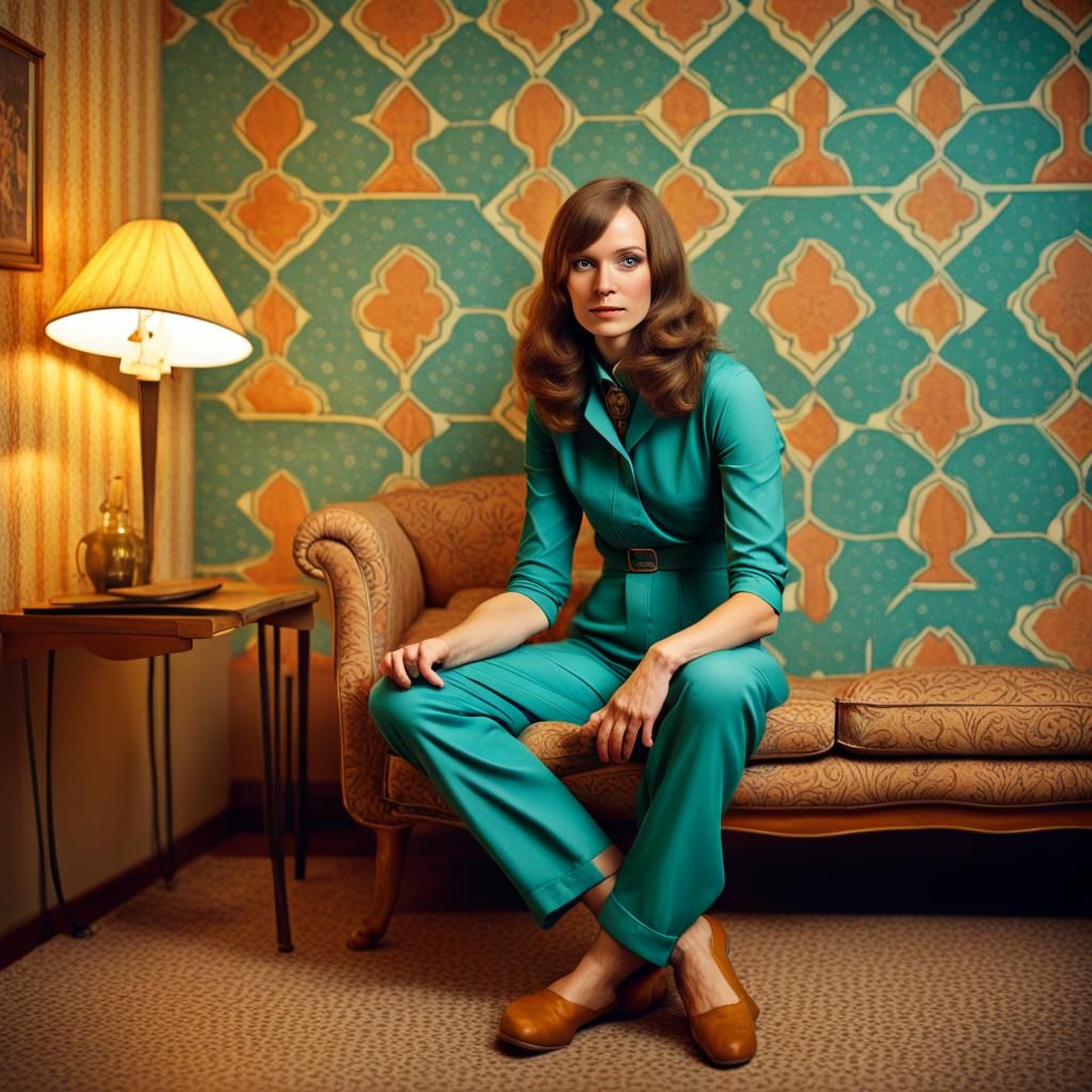 1970s Woman in Teal Jumpsuit, Retro Cinematic Style