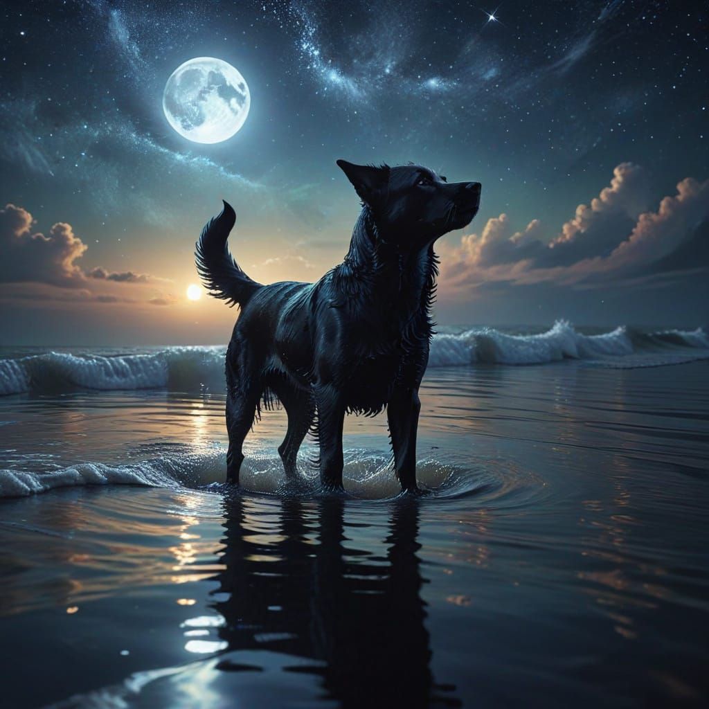 Surreal Dog Silhouette Under Starry Night Sky