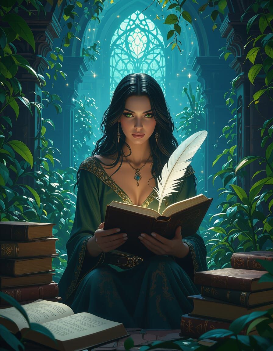 Enchanting Woman with Quill in Dreamlike Library, Digital Ar...