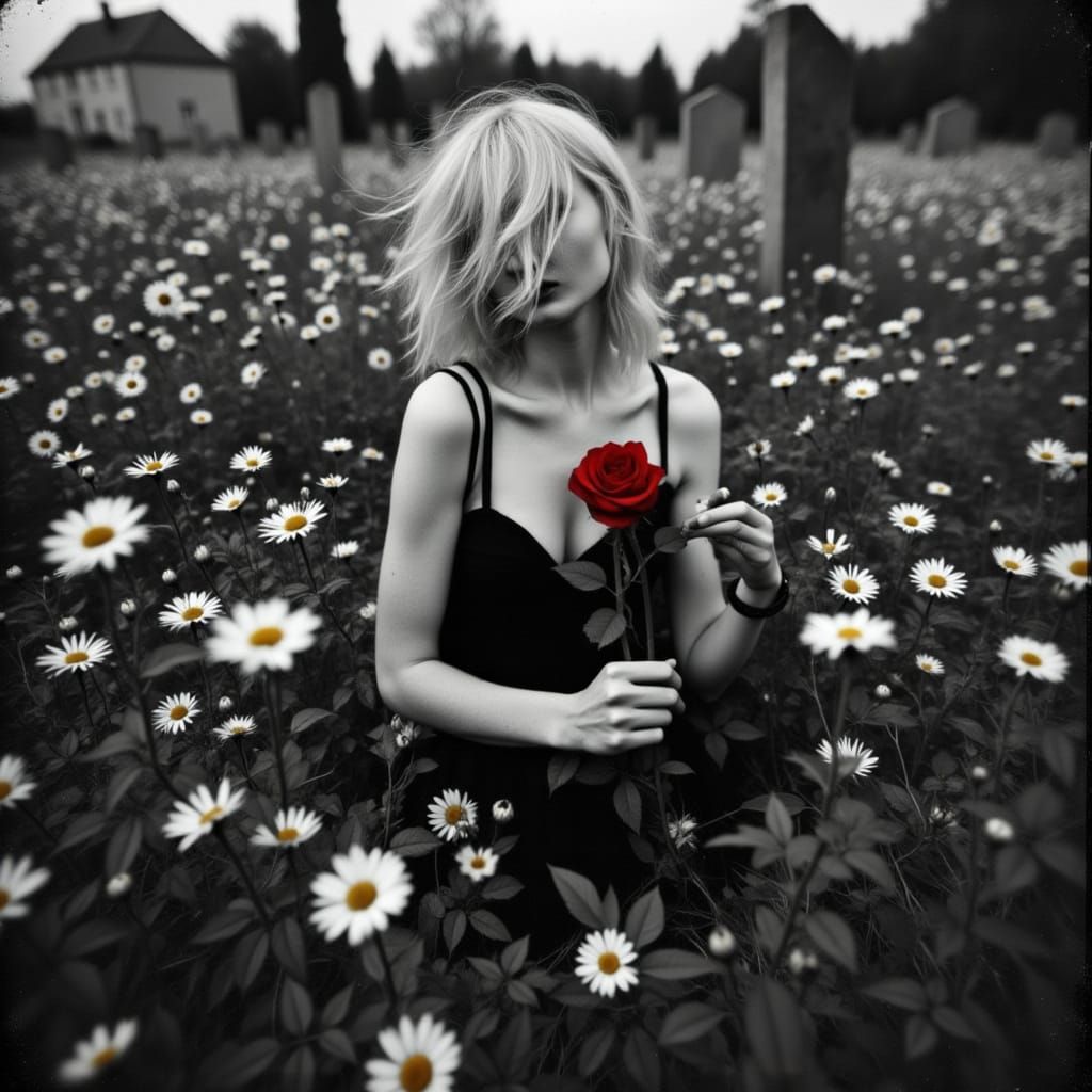 Gothic Lady Emerges Holding a Red Rose