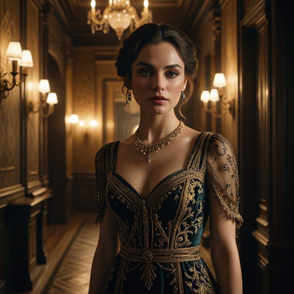 Elegant Woman in Grand Hallway