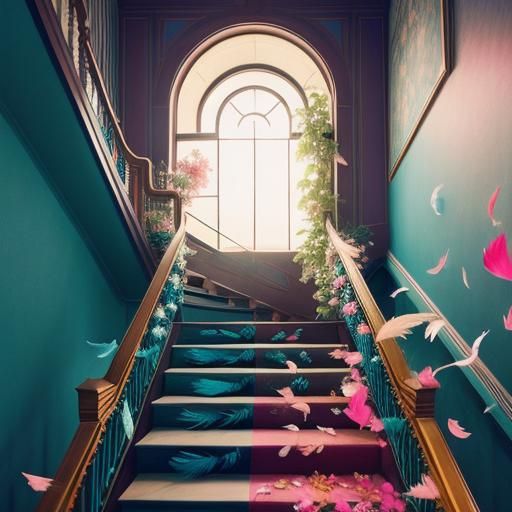 Exquisite Feathers and Flower Petals on Staircase