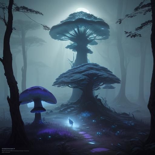 Cats on Mushroom in Moonlit Forest, Fantasy Art