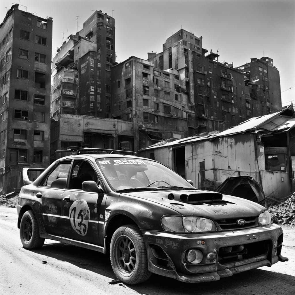 Post-Apocalyptic Subaru Impreza Rally Car in Black and White