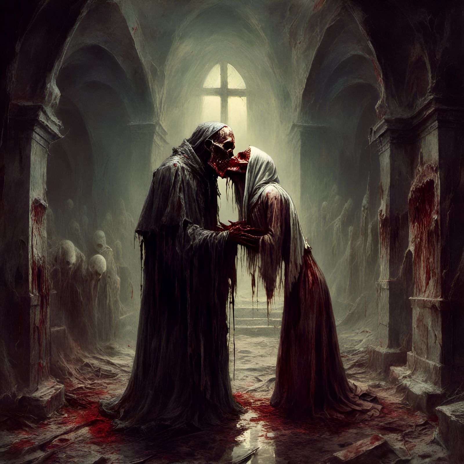Zombie Pope's Kiss in Derelict Crypt: Macabre Illustration