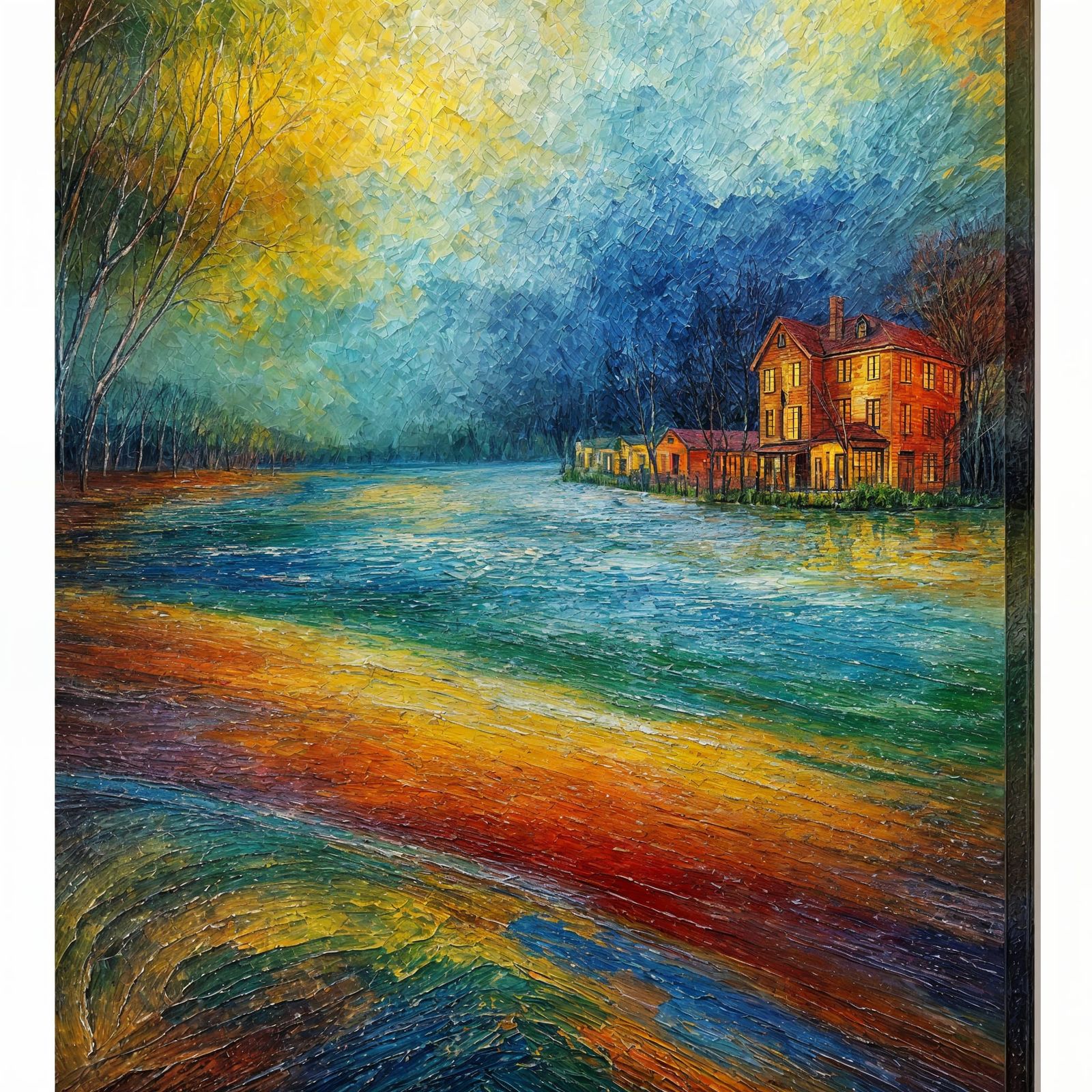 Flooded River on Stormy Night: Impressionist Oil Painting