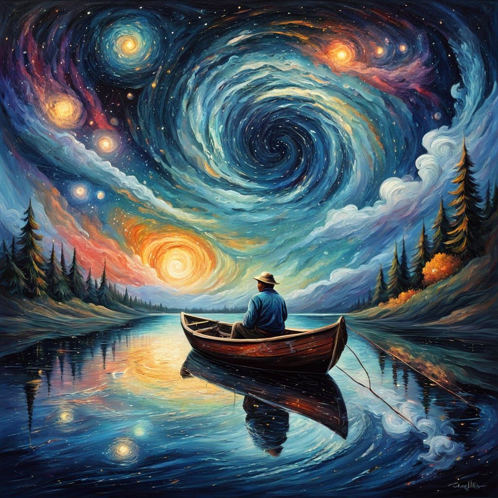 Cosmic Fisherman in Neo-Impressionist Style