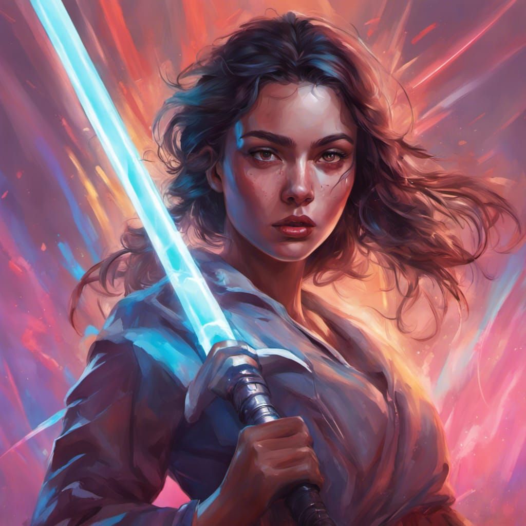 Model Girl Battles with Lightsaber in Hyperrealistic Style