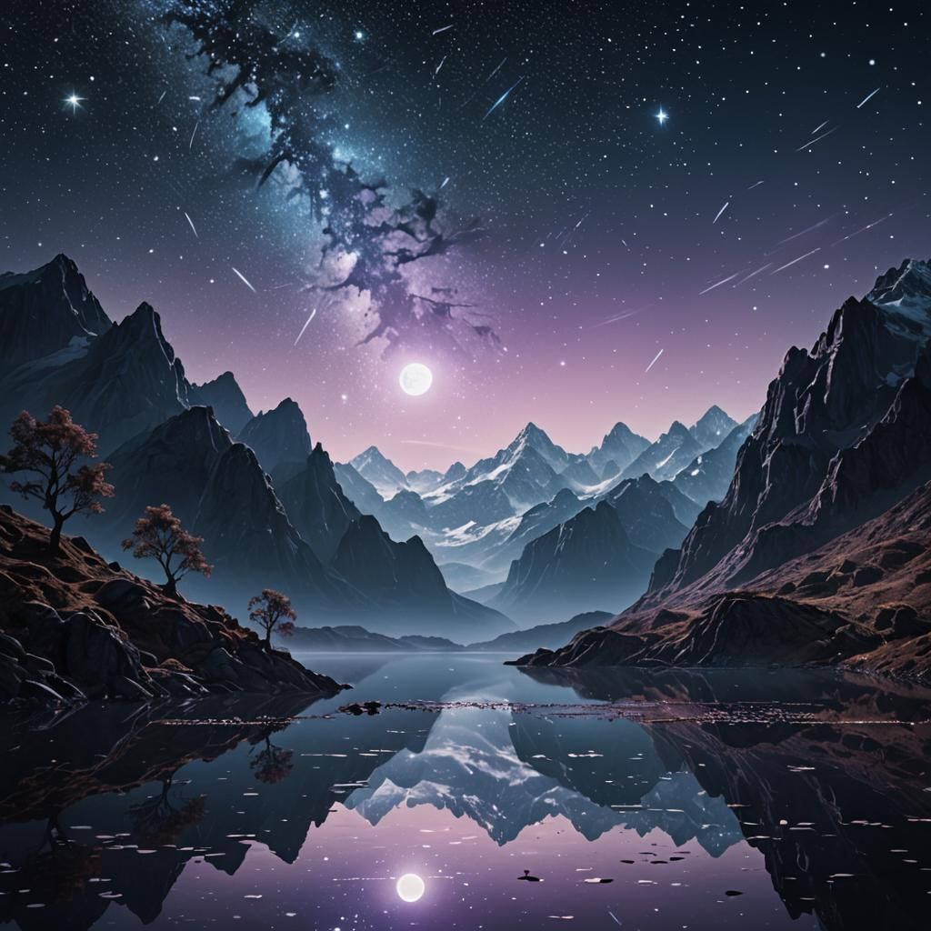 Ethereal Lunar Lake Reflects Shimmering Starlight Under Nigh...