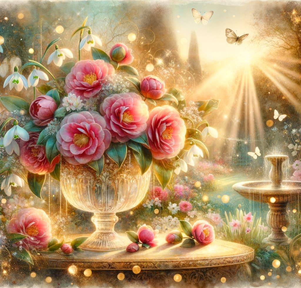 Edwardian Watercolor Still Life with Camellias and Snowdrops