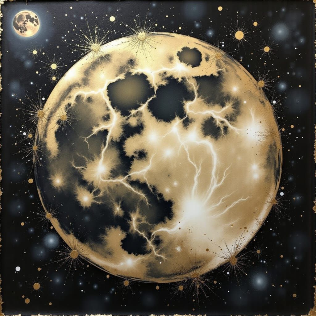 Golden Cosmic Moon in Stylized Watercolor Art