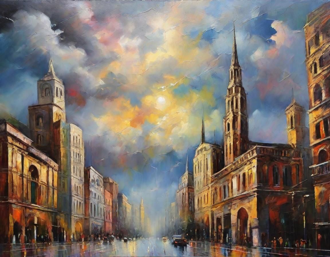City in the Clouds: Neo-Impressionist Oil Painting