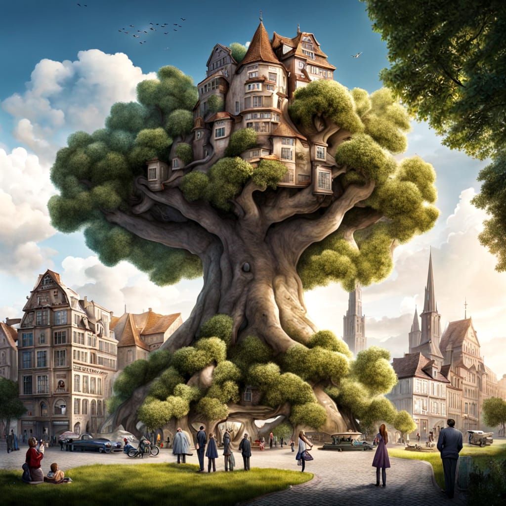 Gigantic Ancient World Tree With Tiny City at Roots