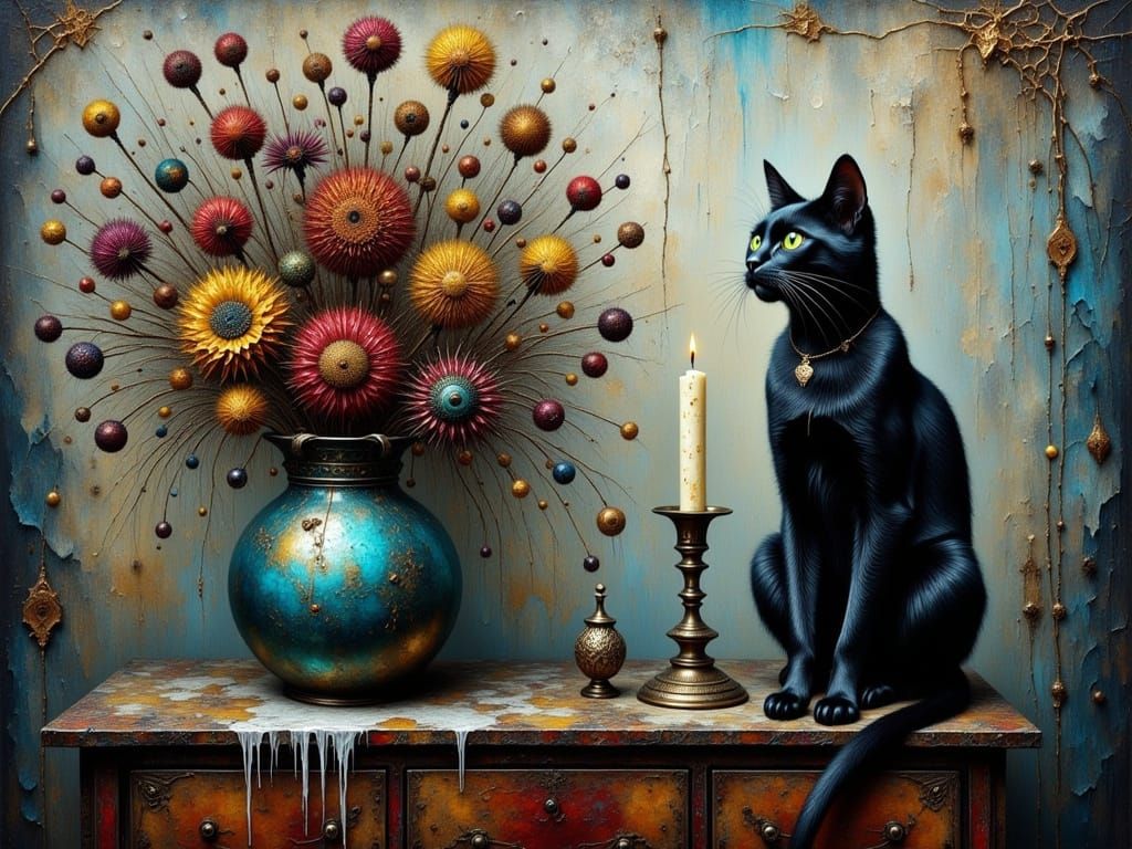 Surrealistic Still Life with Black Feline Majesty