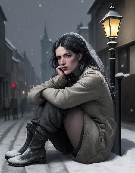 Surreal Beggar Girl in Snowy Street, Oil Painting