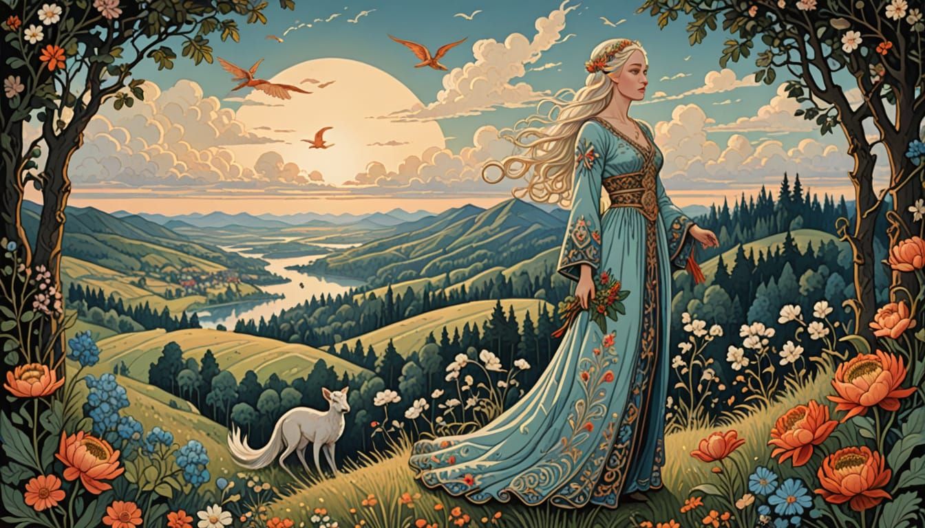 Daenerys Targaryen, dressed in a Ukrainian cross-stitched folk long dress and a wreath of flowers on her head, stands on...