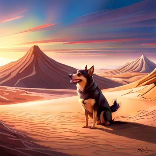 Hyperrealistic Dog in Desert Landscape Splash Art