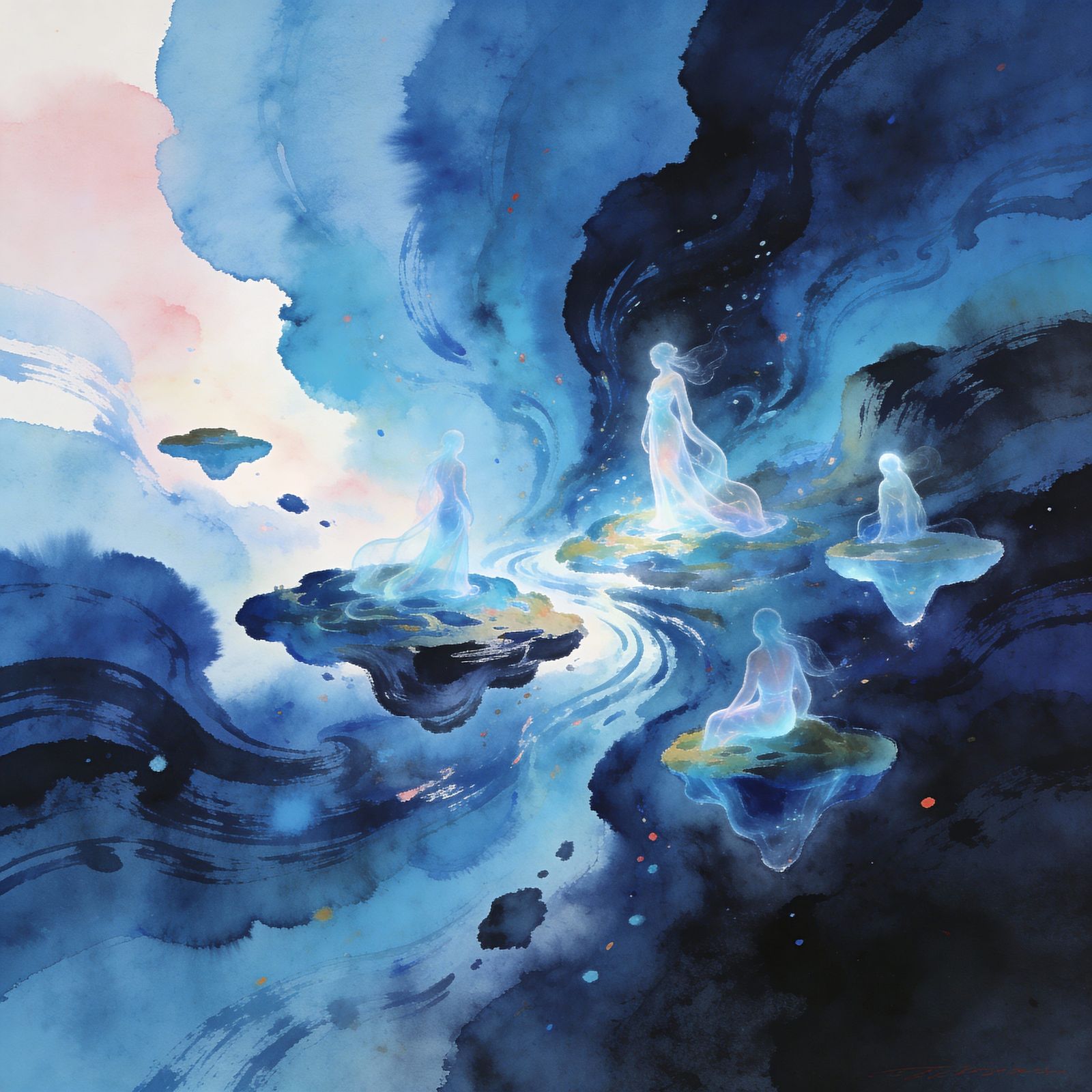Surreal Blue Dreamscape Watercolour Painting