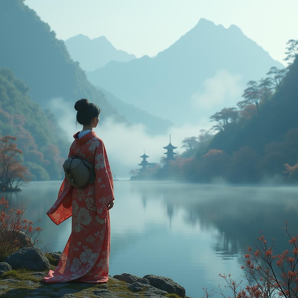 Mystic Japanese Woman Gazing at Tranquil Lake