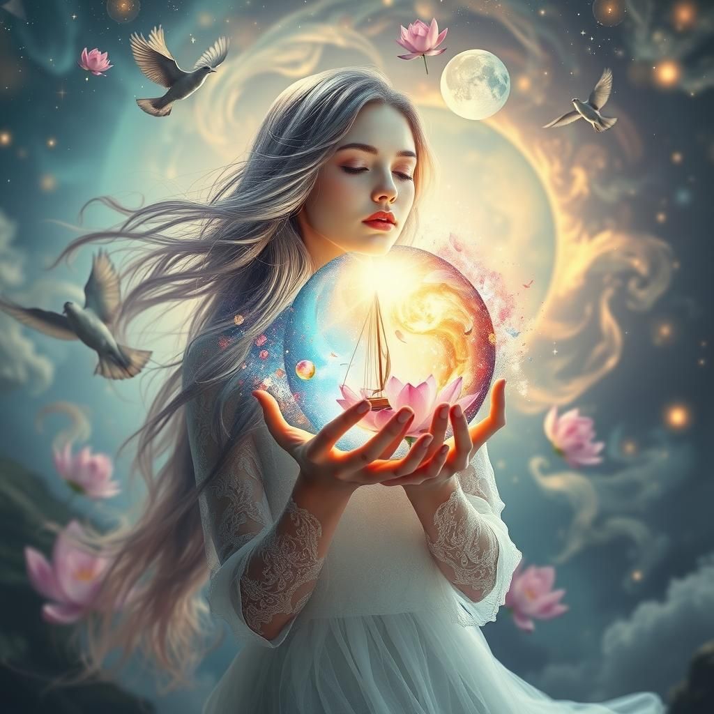 Woman Holding Cosmos in Surrealist Style