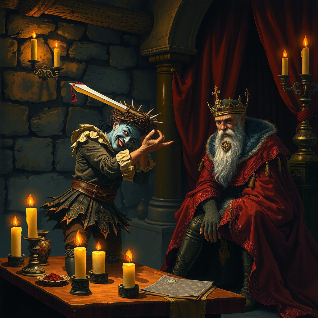 Jester Steals King's Crown in Moody Courtroom