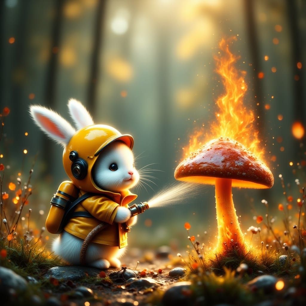 Firefighter Bunny Extinguishes Mushroom Fire