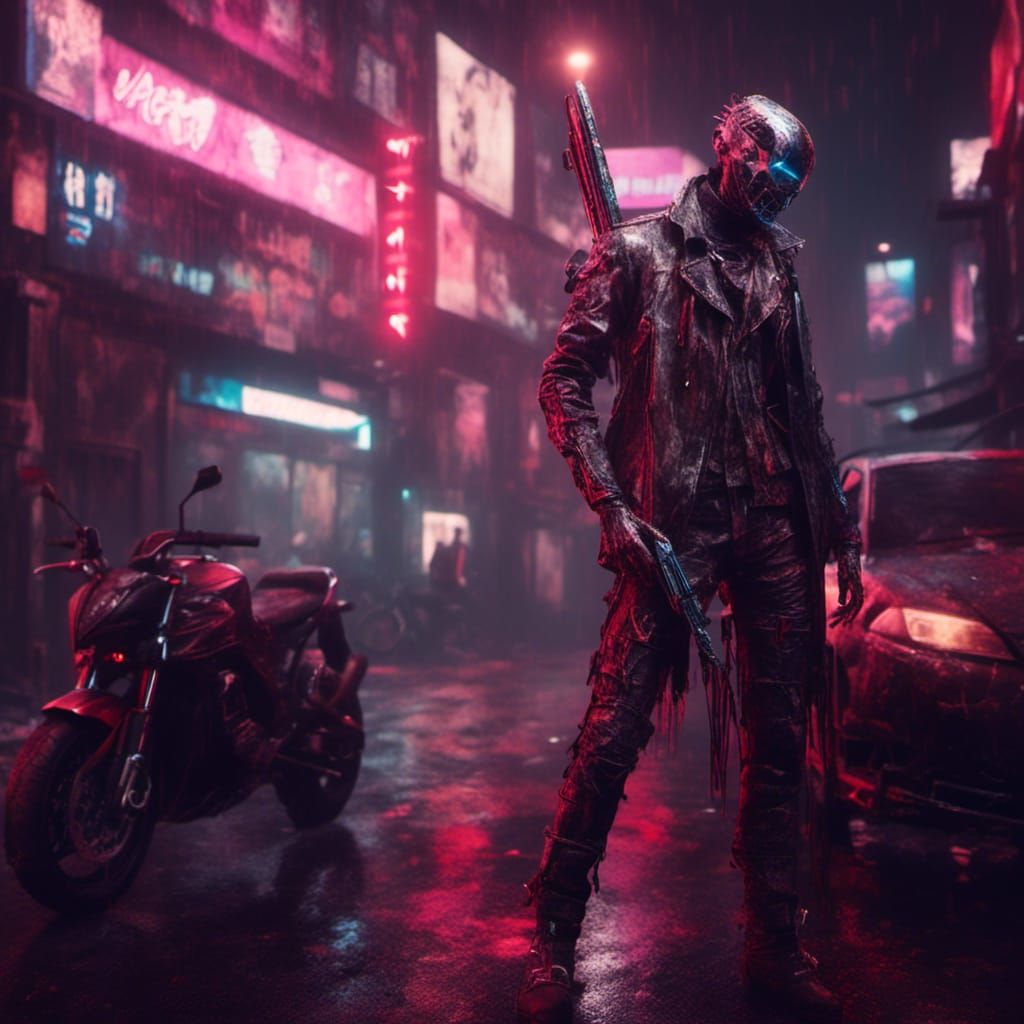 Cyberpunk Criminal with Katana in Neon City