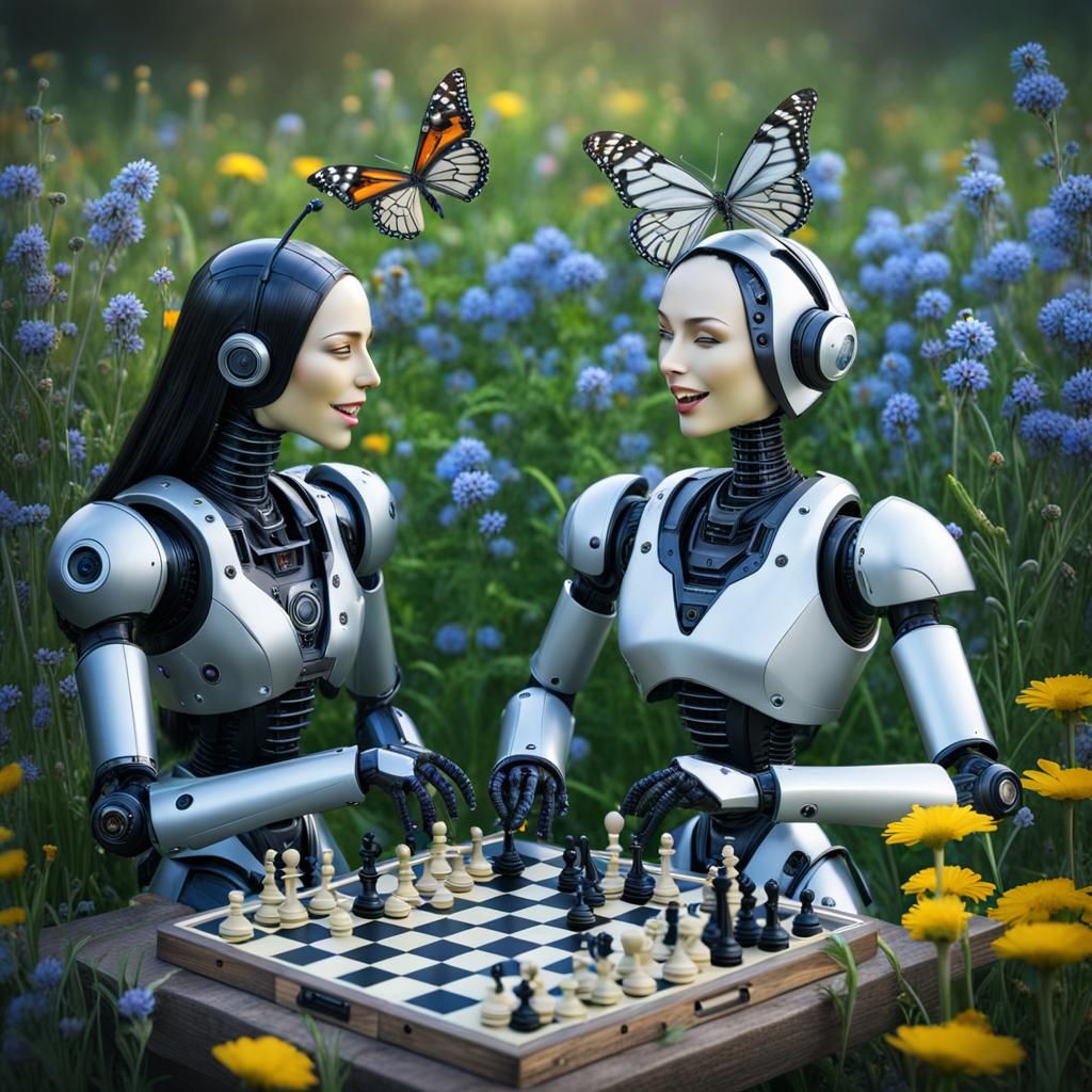 Androids Play Chess in Flower Meadow