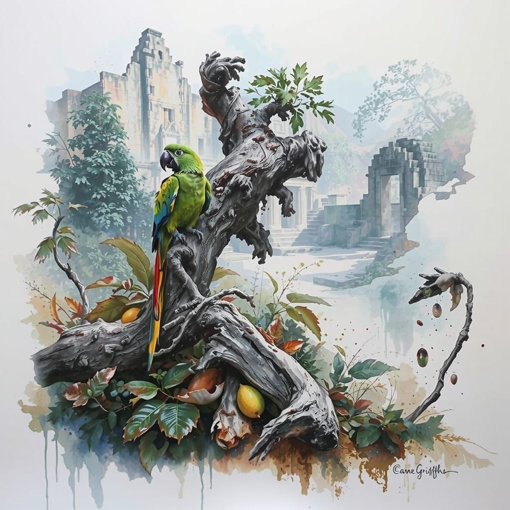 Jungle Clearing with Ruins in Watercolor Style