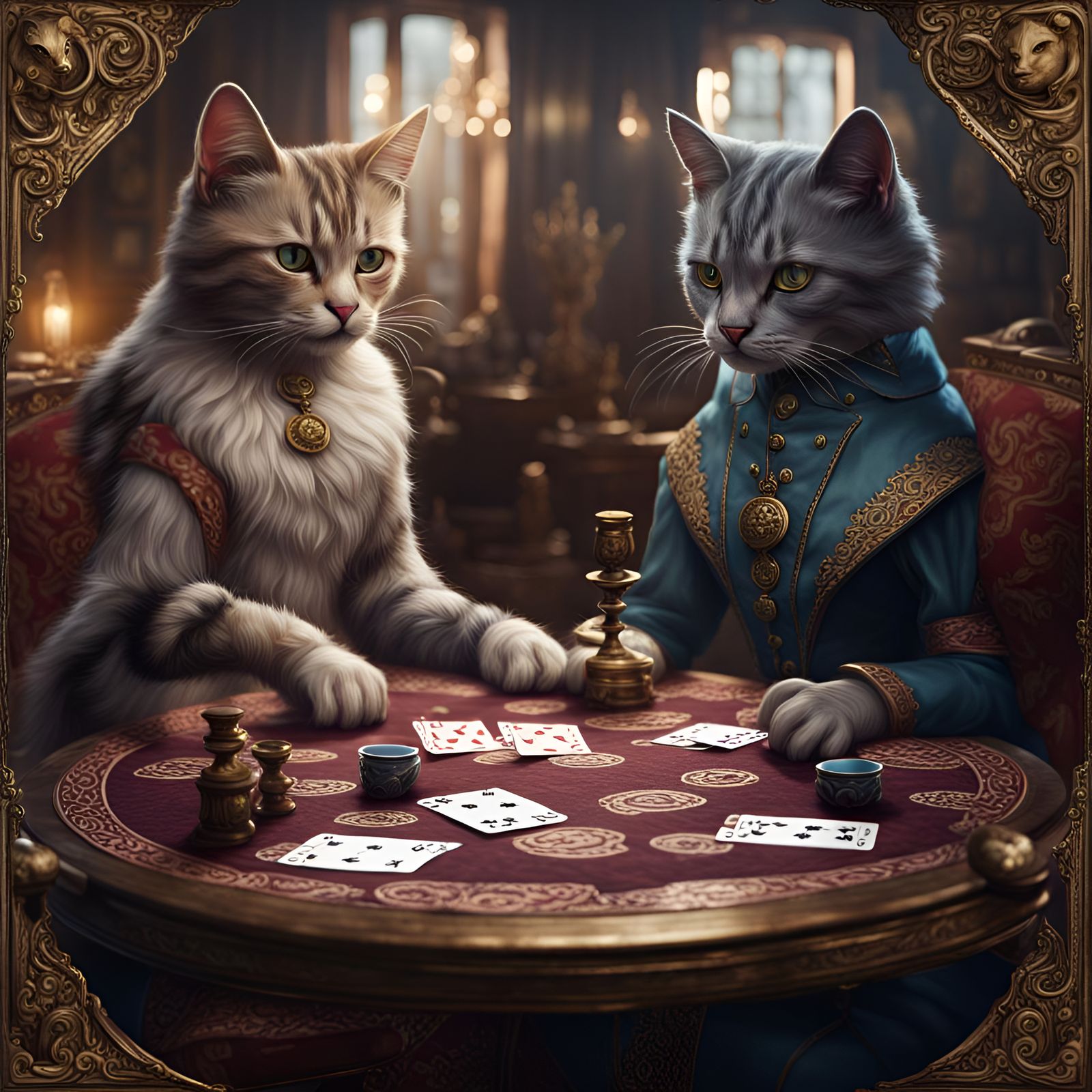 Cats Playing Cards: Detailed Fantasy Art