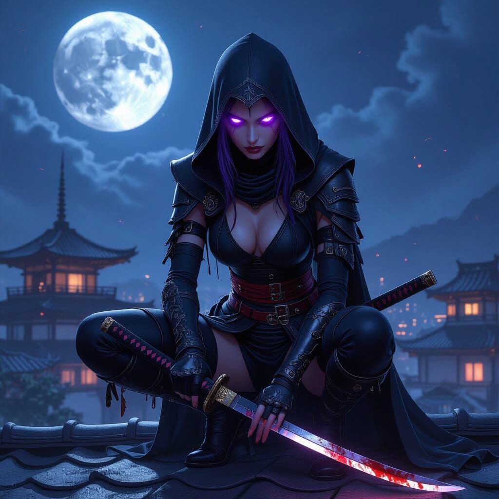Assassin Queen on Rooftop with Bloody Katana
